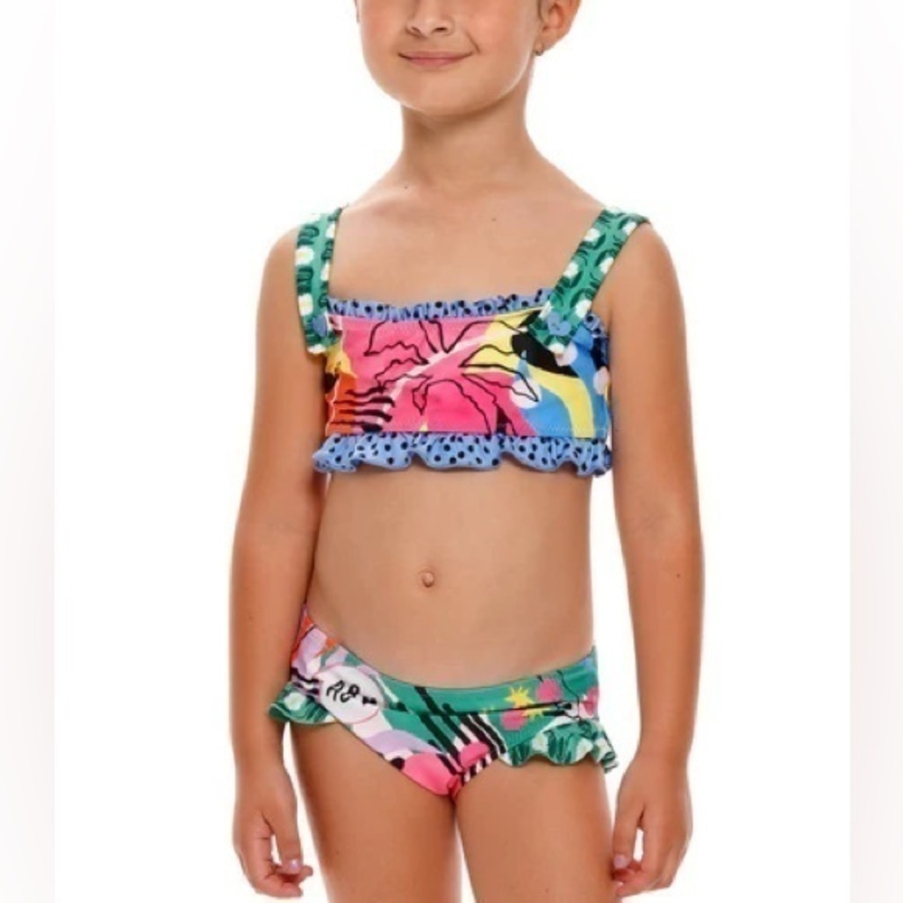 Agua Bendita Girls Multicolor Floral Ruffle Bikini - Pink, Green, Blue, Yellow